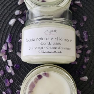 Bougie cire de soja naturelle ~Harmonie~ - Fleur de coton & cristaux d'améthyste