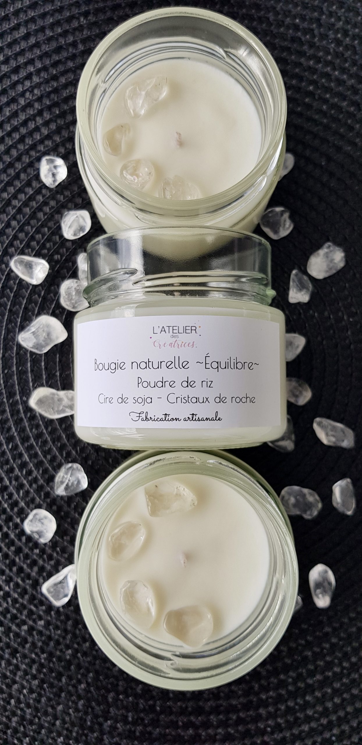 Bougie naturelle ~Équilibre~ - Poudre de riz & cristaux de roche