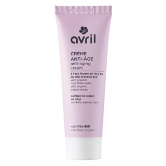 Crème visage anti-âge à l'eau florale de rose bio et au miel d'acacia bio (tous types de peaux). Texture onctueuse, non grasse et non collante, délicat et floral.